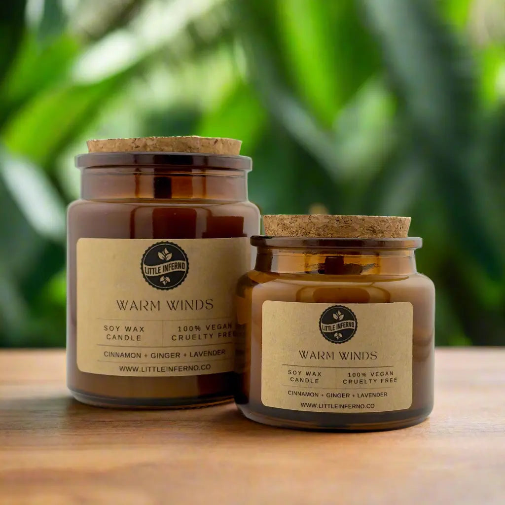 Two brown soy wax candles with cork lids and labels reading 'Warm Winds', one larger and one smaller, set on a wooden surface with foliage in the background.