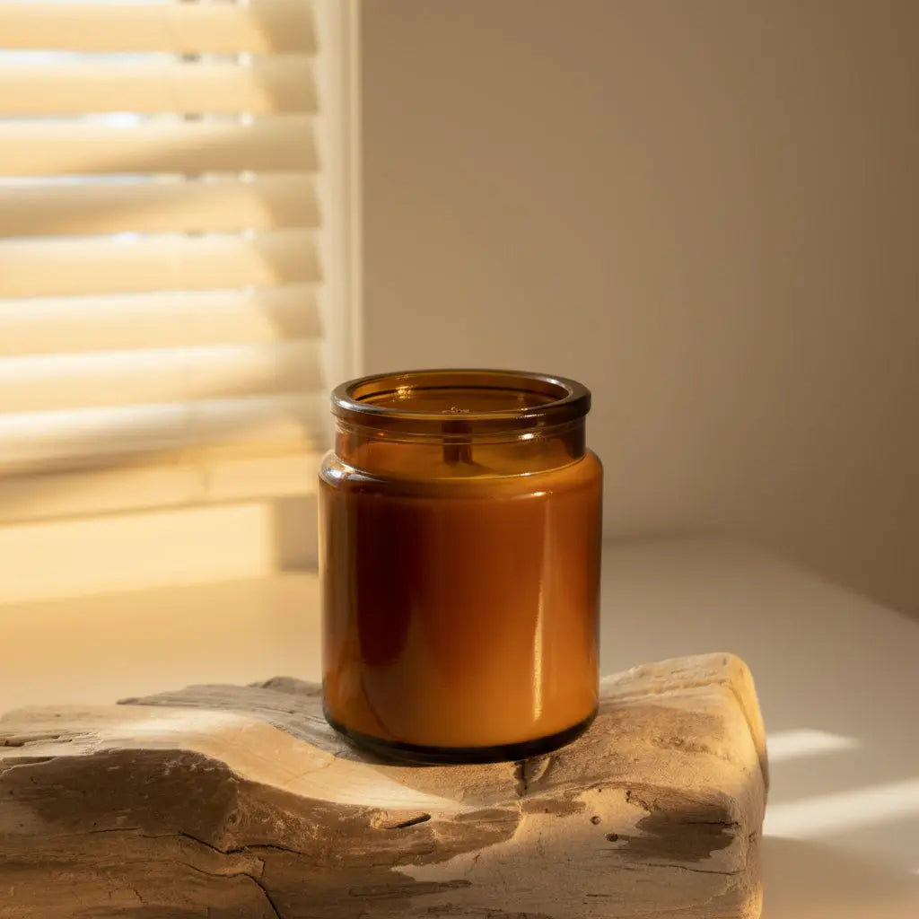 Candle in an amber glass jar with a wooden wick on a neutral background
